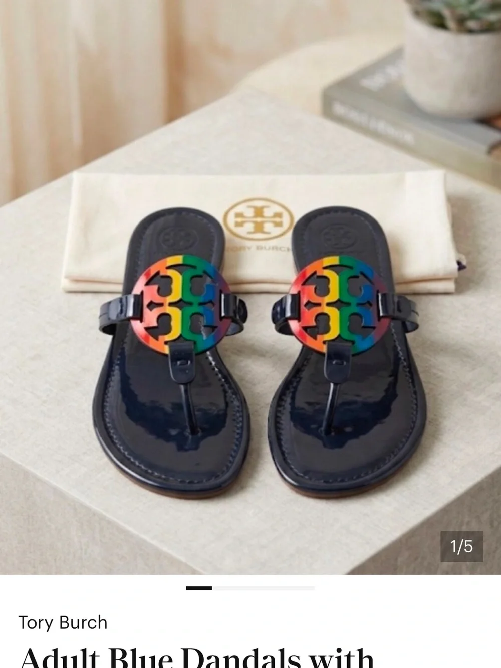 Tory Burch Navy Miller Thong Sandal with Rainbow Logo Medallion Size 7.5